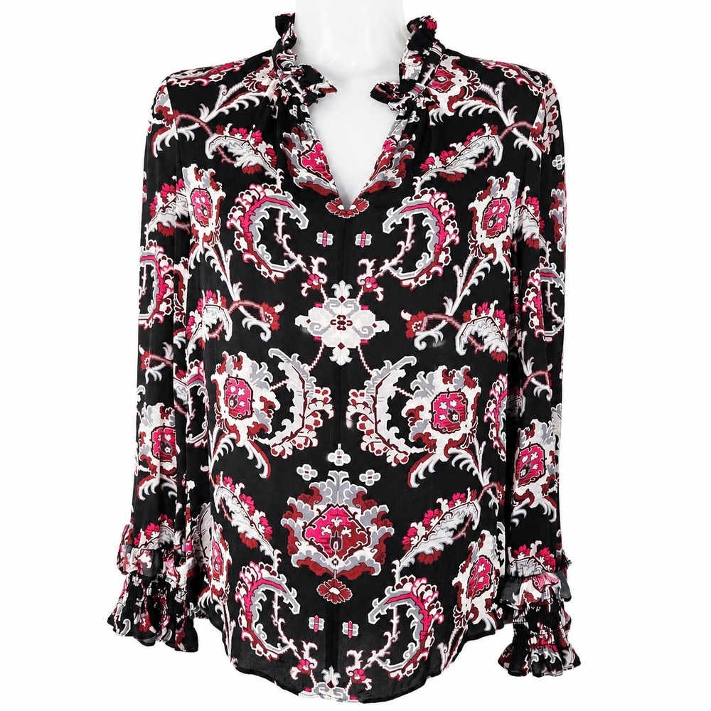 Kobi Halperin Top Womens XS Silk Paisley Ruffle Smocked Boho Office Elegant